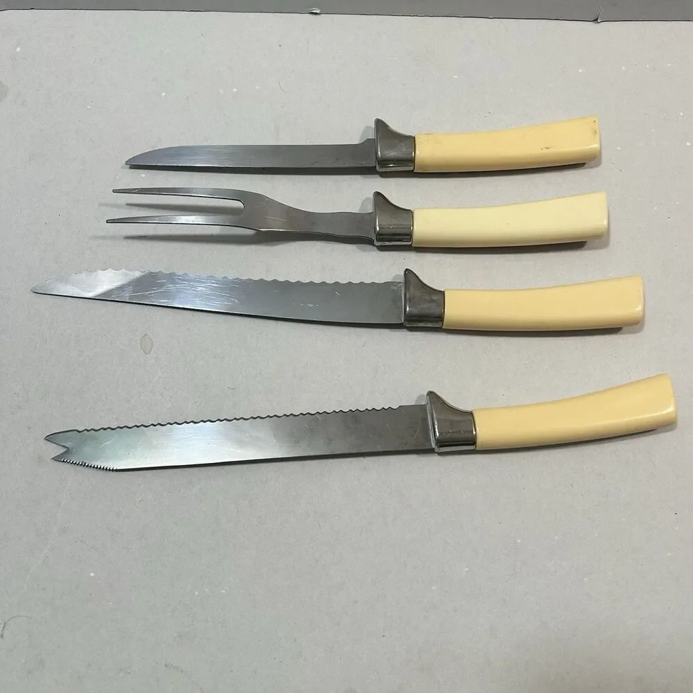 VINTAGE LIFETIME CUTLERY Sheffield England 4-Pc Carving Set Faux Stag Floral
